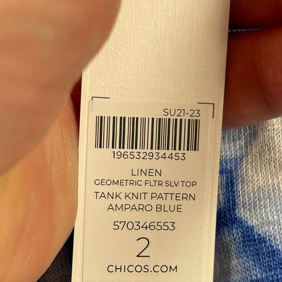 Chico's Top Womens 2 (14/16) L Amparo Blue Linen Flutter Sleeve Geometric NEW - Picture 10 of 11